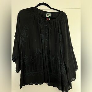 Johnny Was Peasant Blouse.  Black with Navy embroidered eyelet.